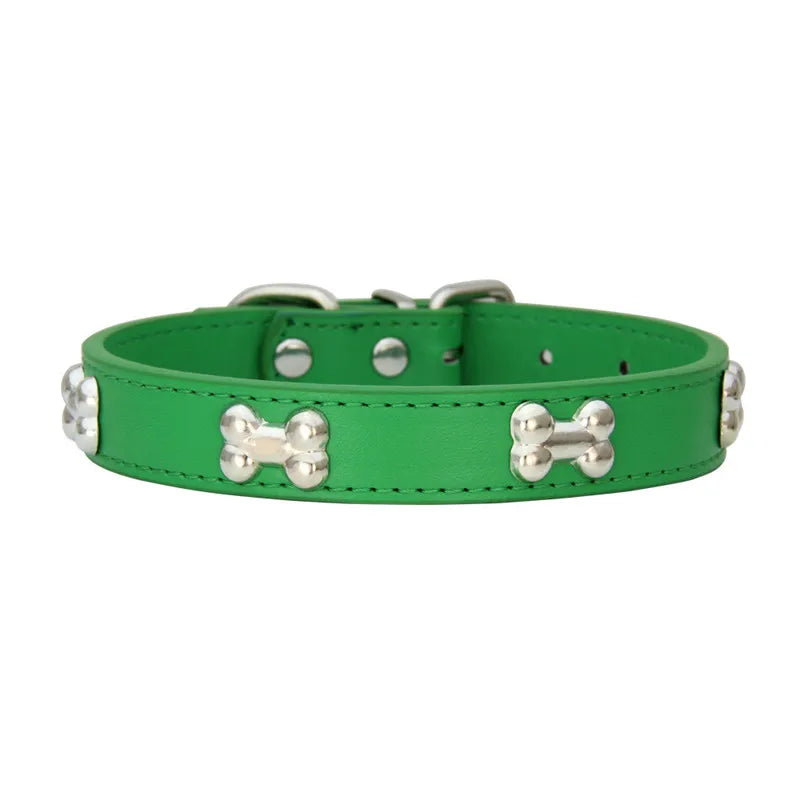 A bright green leather dog collar with silver hardware.