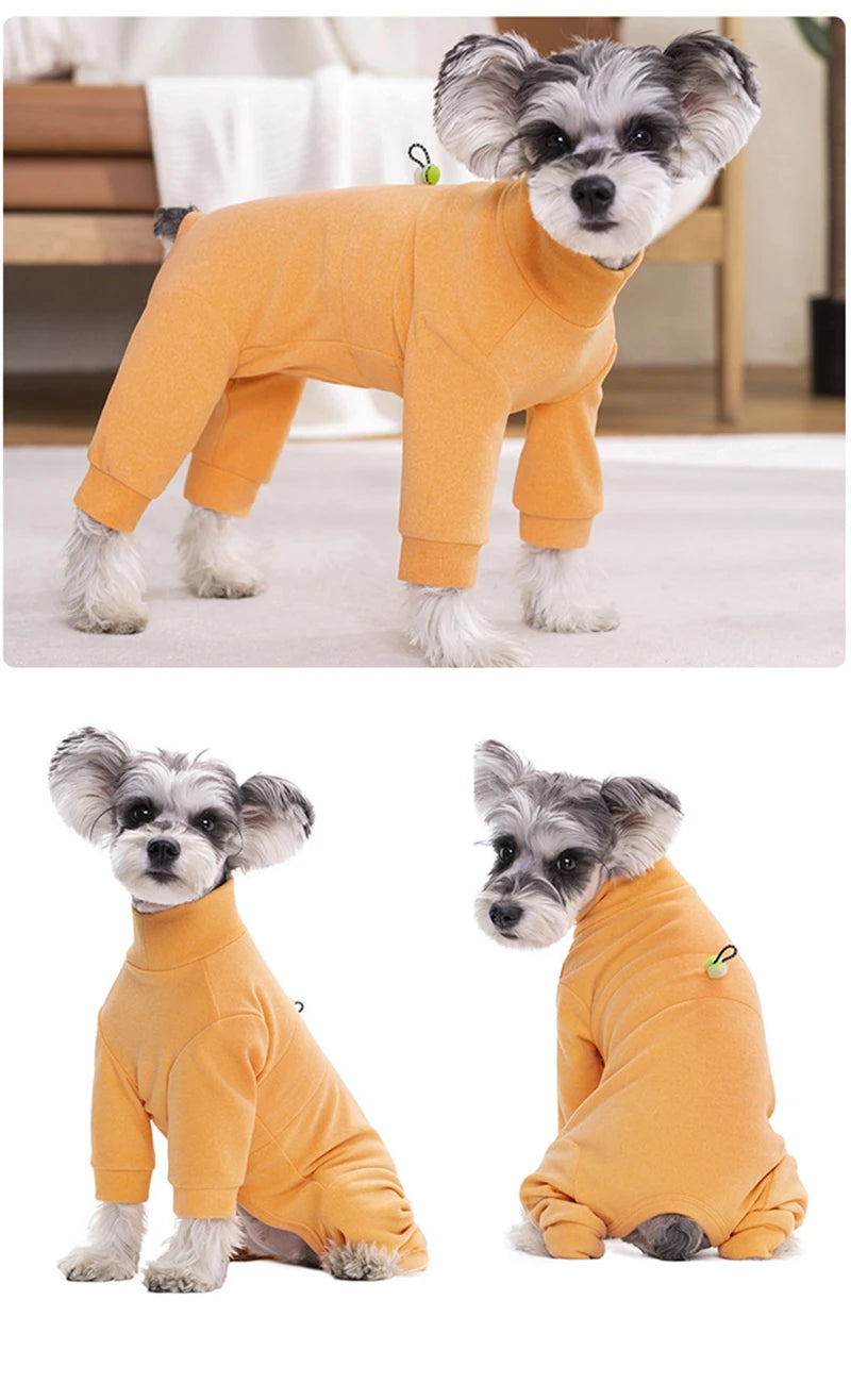 An orange thermal fleece dog jumpsuit for winter warmth, shown in a standing and lying pose.