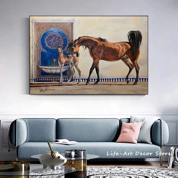Vintage Arabian Horse canvas wall art featuring a brown horse standing near a fountain in an ornate blue setting.