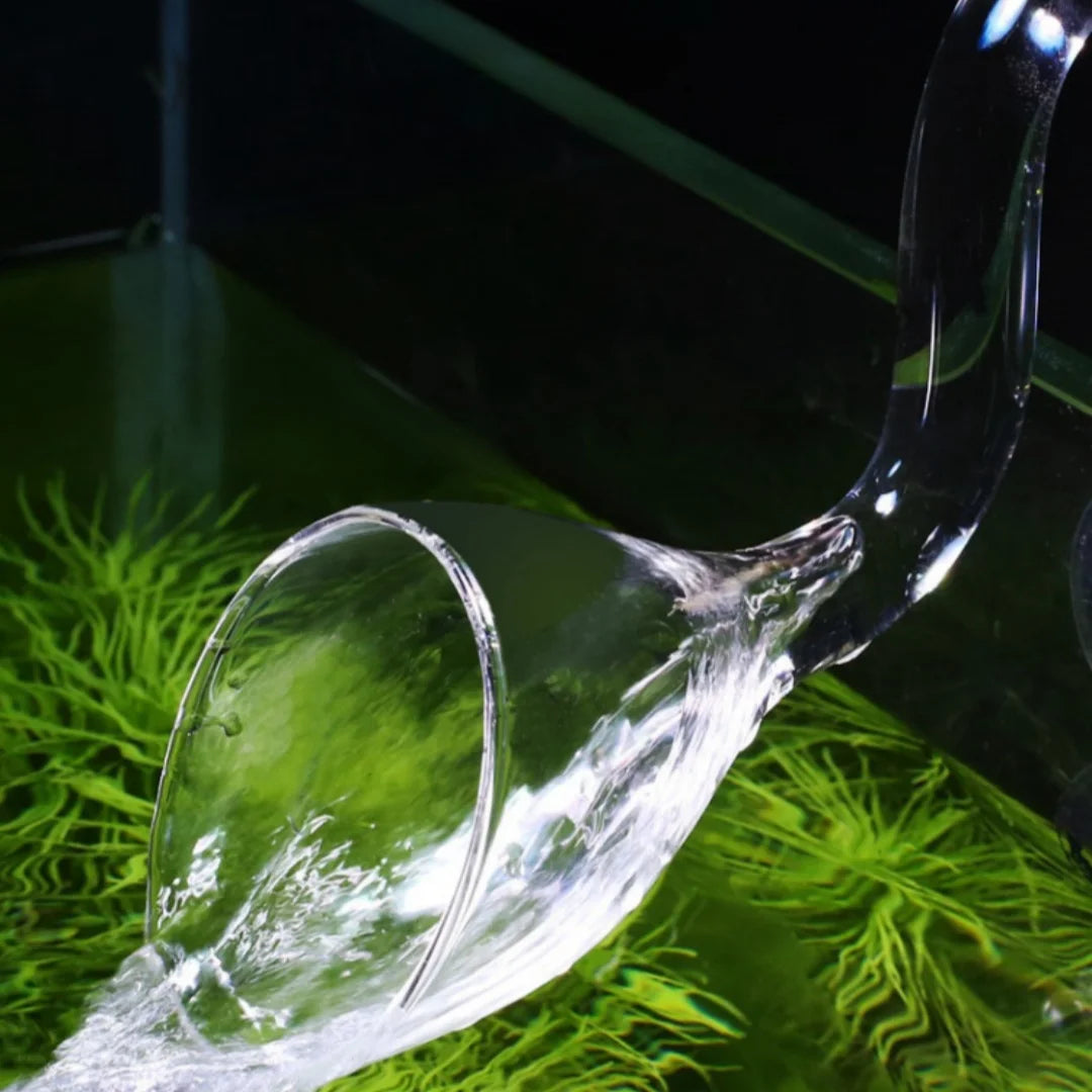 A clear borosilicate glass lily pipe is shown pouring water into a plant aquarium.