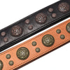 A close-up of a genuine leather dog collar featuring spiked studs and decorative metal medallions.