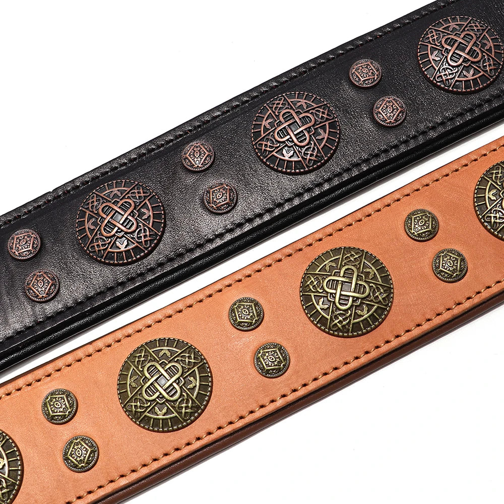 A close-up of a genuine leather dog collar featuring spiked studs and decorative metal medallions.