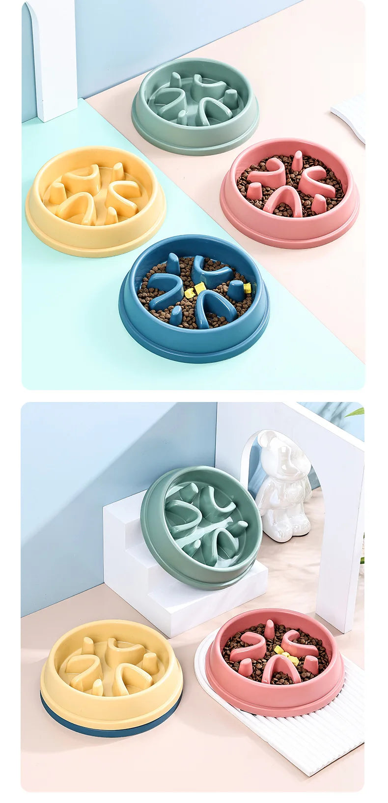 A set of silicone anti-choking slow feeder bowls for dogs and cats in various shades of green, yellow, and pink.