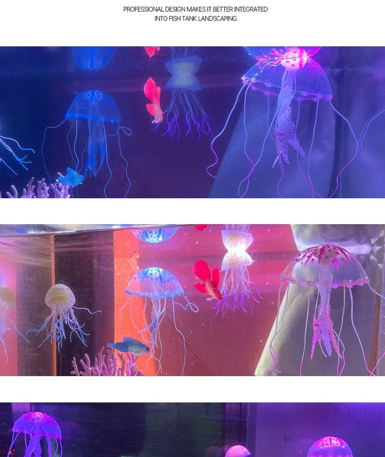 A display of various fluorescent jellyfish and aquatic plants in an aquarium setting.