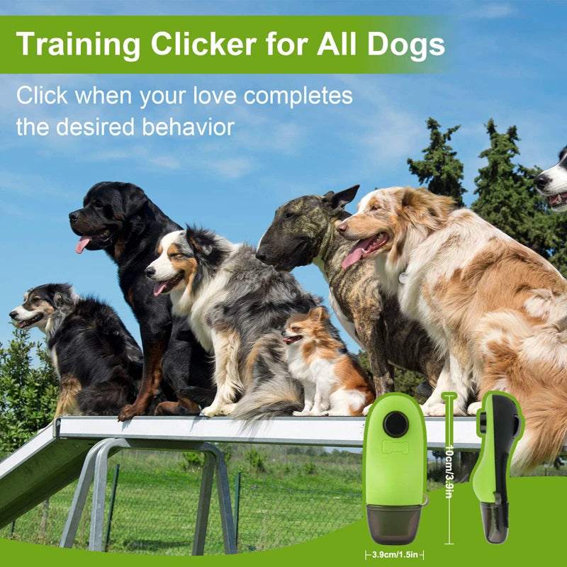 A green dog training clicker is shown next to a yellow whistle with several dogs in the background.