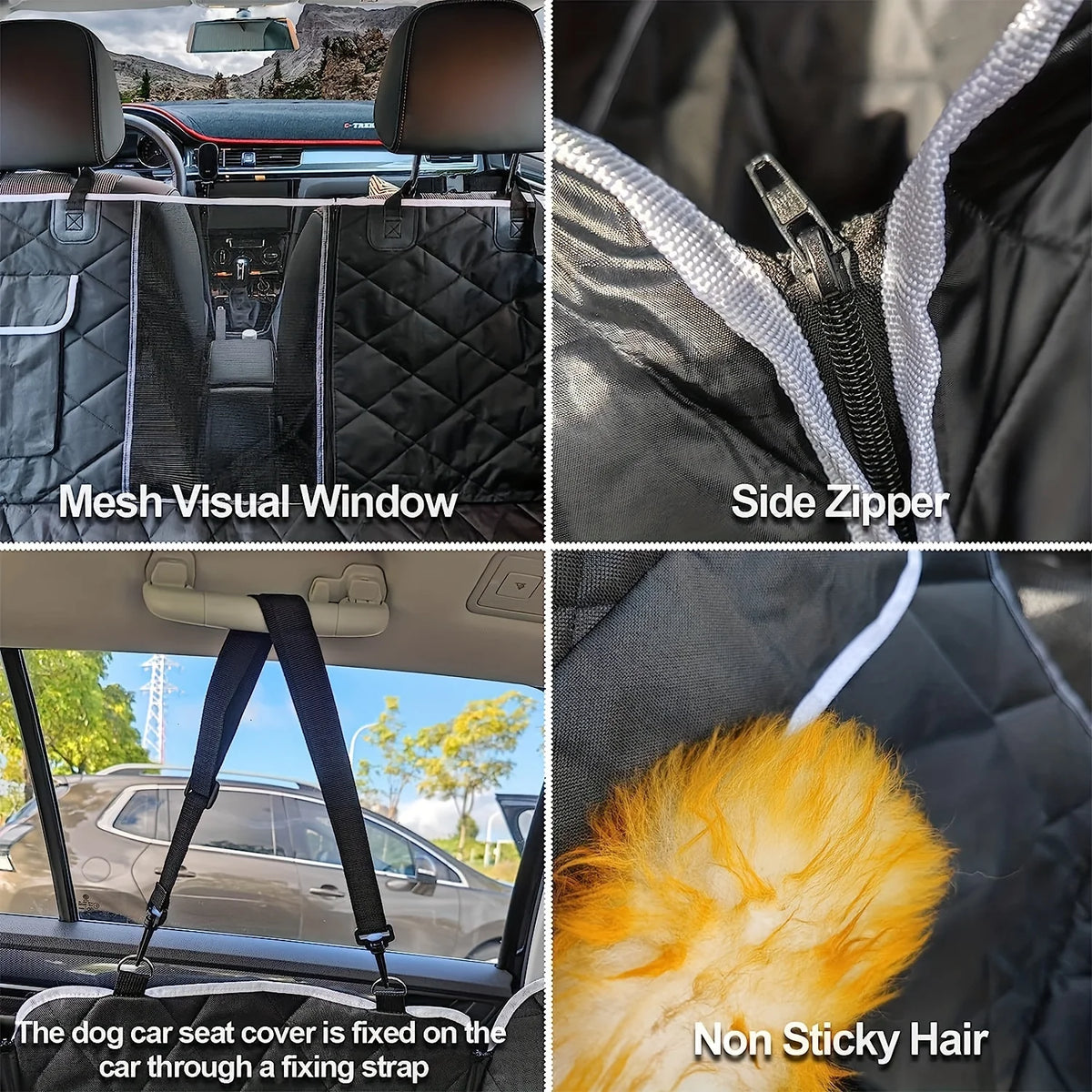 Close-up views of a waterproof dog car backseat cover showing the mesh window, side zipper, and non-sticky hair features.