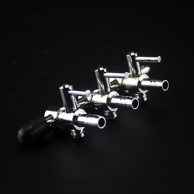 A silver 5-way aquarium air flow splitter valve with multiple outlets shown against a black background.