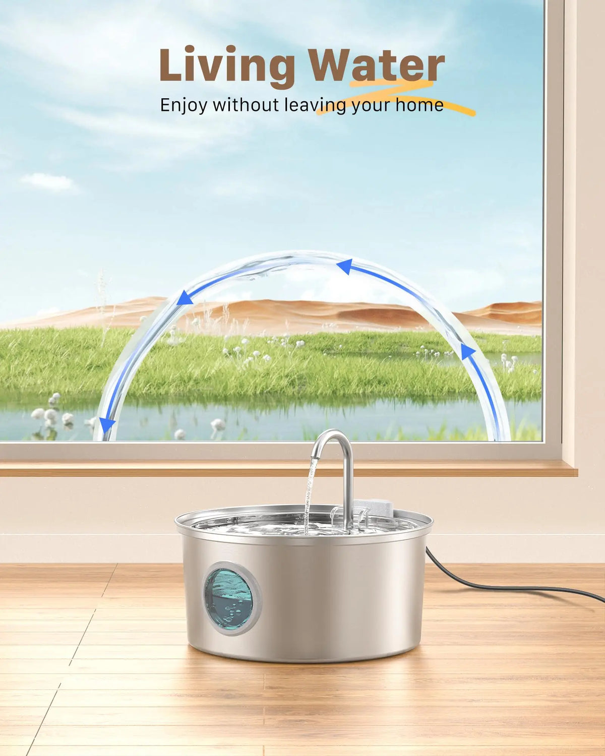 Stainless steel pet water fountain with a gentle stream of water flowing into a basin.