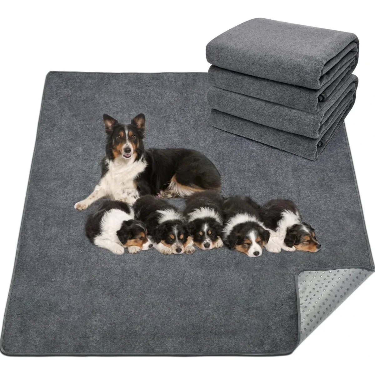 A gray reusable dog mat with a dog and several puppies resting on it, stacked mats are visible in the background.