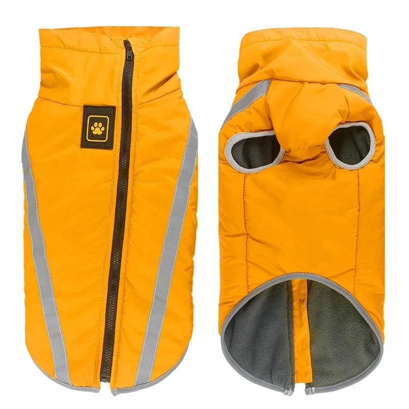 Manteau de chien orange rembourré avec bordure réfléchissante grise et fermeture éclair noire.