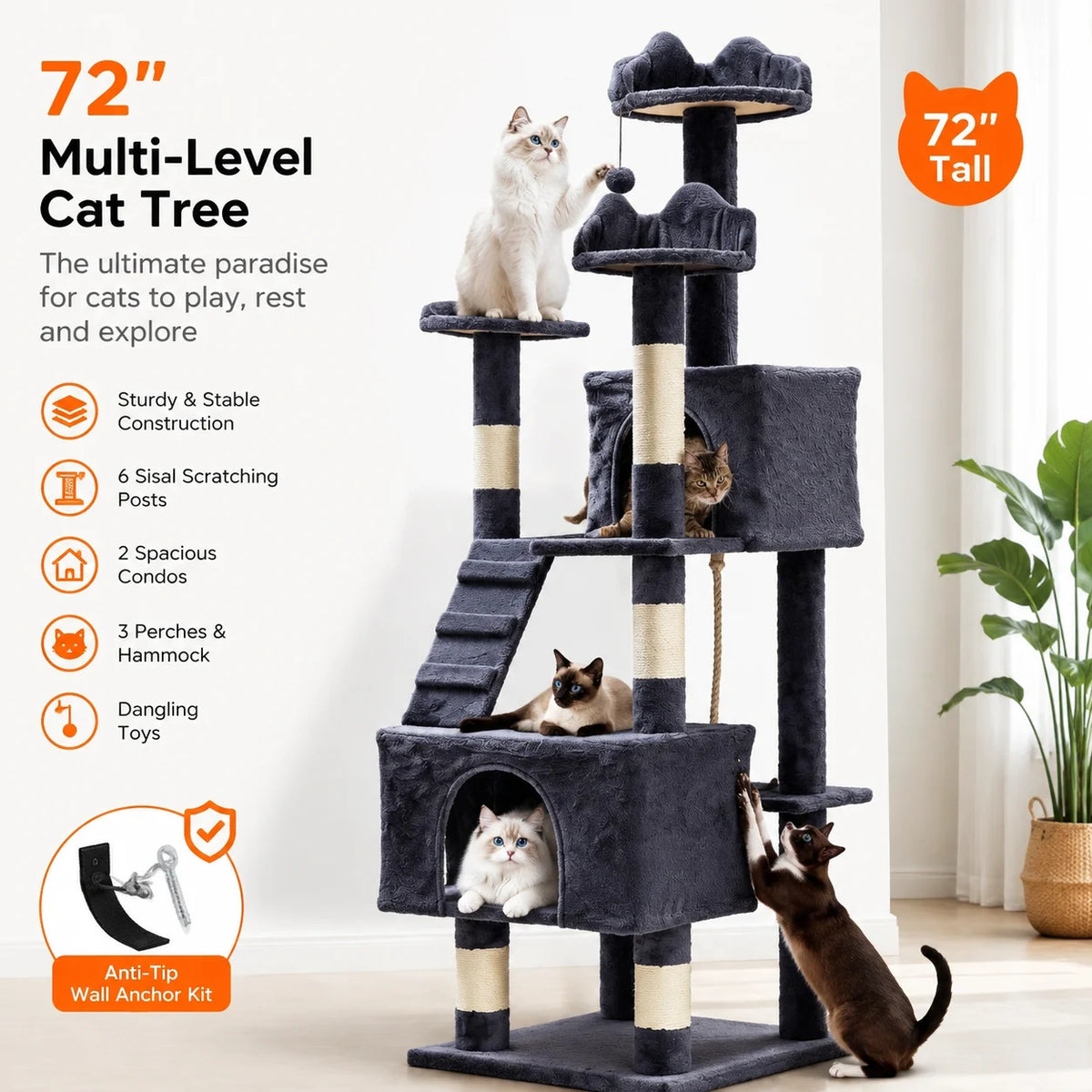 72-Inch Multi-Level Cat Tree with Scratching Posts, Condos & Hammock