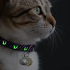 A tabby cat wearing a glow-in-the-dark collar with a moon pendant and bell against a dark background.