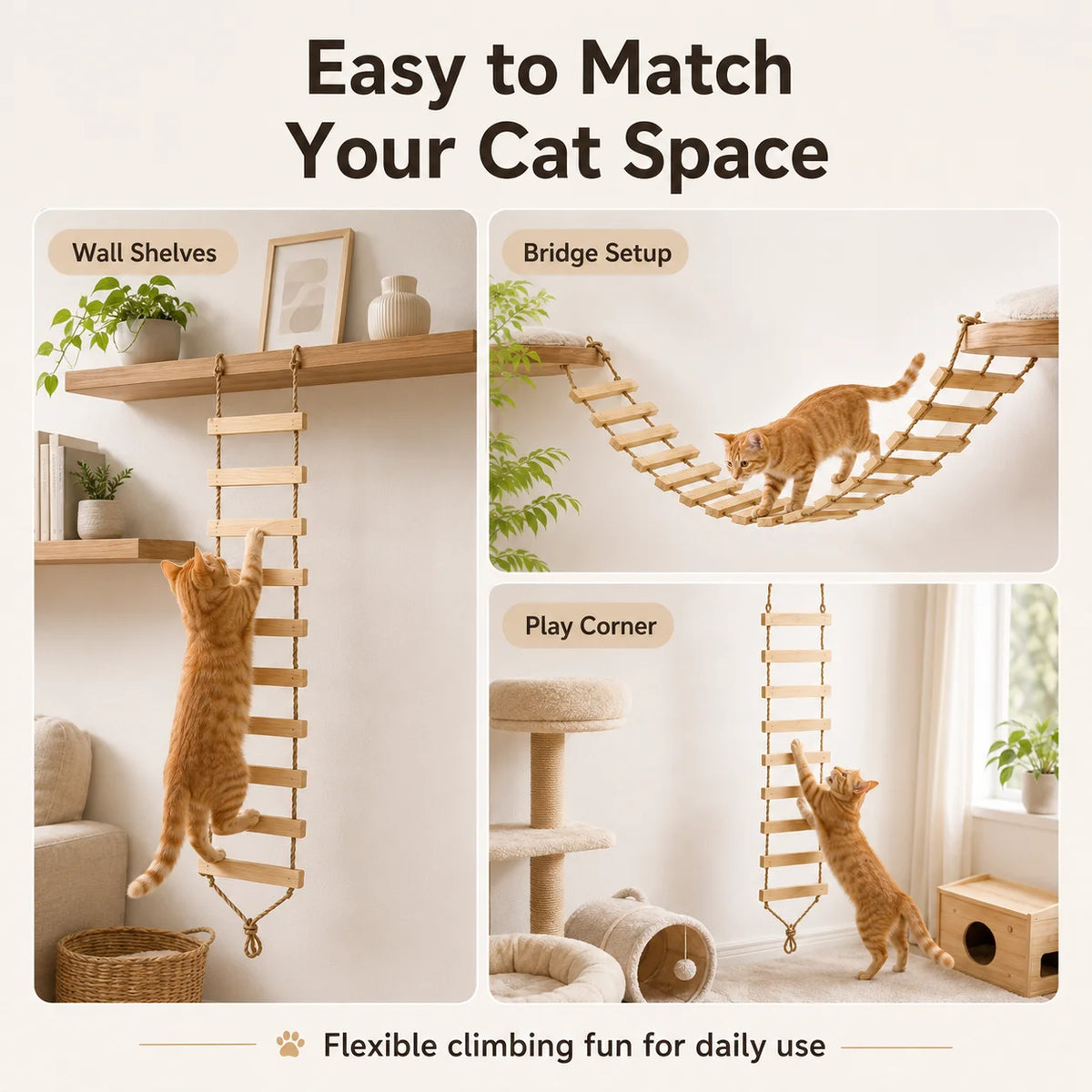 Natural wood cat climbing ladder and flexible hanging bridge for a cat's space