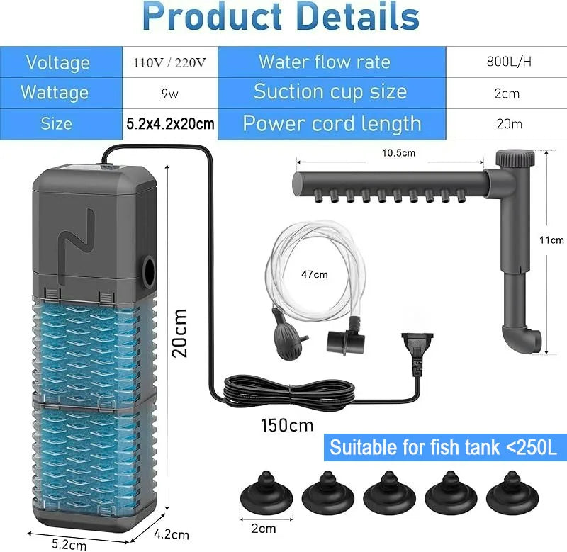 3-in-1 Silent Aquarium Filter with Wave Maker and Oxygenation