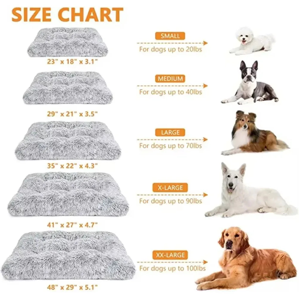 A size chart showing various sizes of a super soft plush pet bed for dogs and cats, categorized by dog weight.