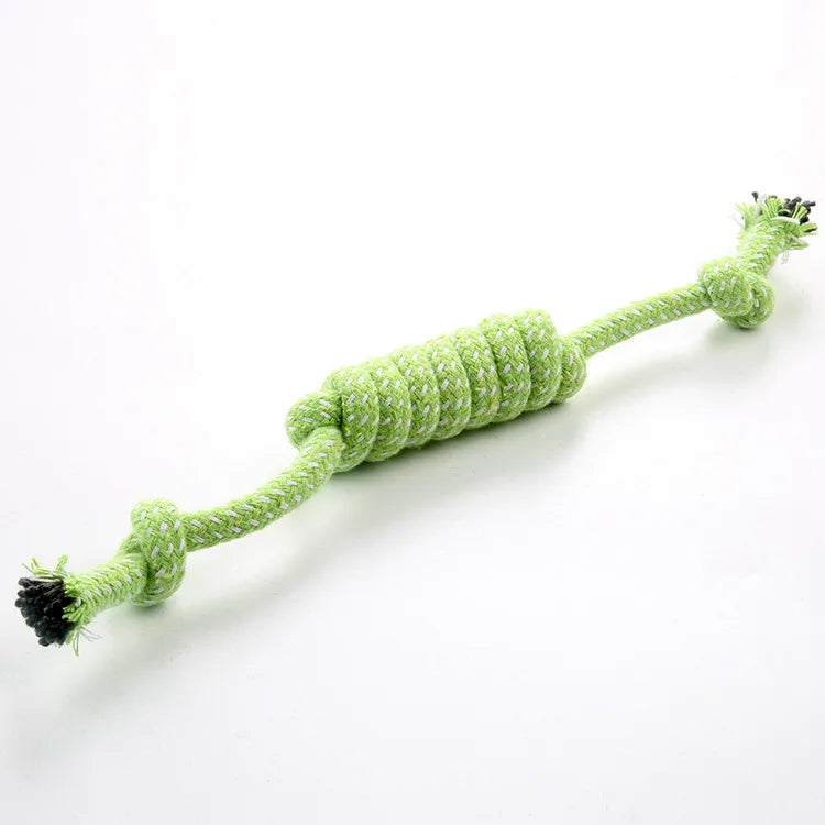 A light green braided cotton rope chew toy for dogs, showing the textured rope and frayed ends.