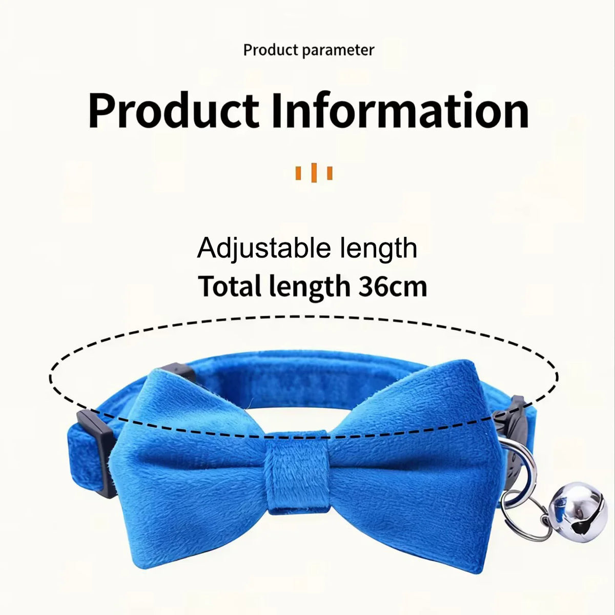 A bright blue adjustable breakaway cat collar featuring a bow tie and bell.