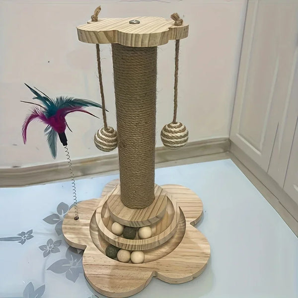 A solid wood cat scratcher turntable featuring a central post and hanging toys, including a feathered wand.