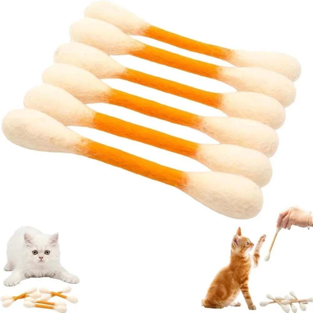 A pack of six orange and white felt cotton swab cat toys arranged in a fan shape.