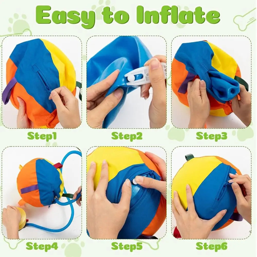 Six steps demonstrating how to inflate a tear-resistant inflatable herding ball for dogs with grip straps