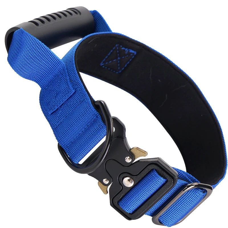 A black tactical dog collar with a blue nylon strap and buckle, shown against a white background.