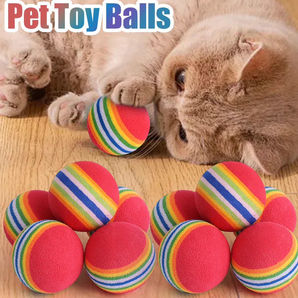 A fluffy cat is lying down next to colorful rainbow EVA rattle balls.