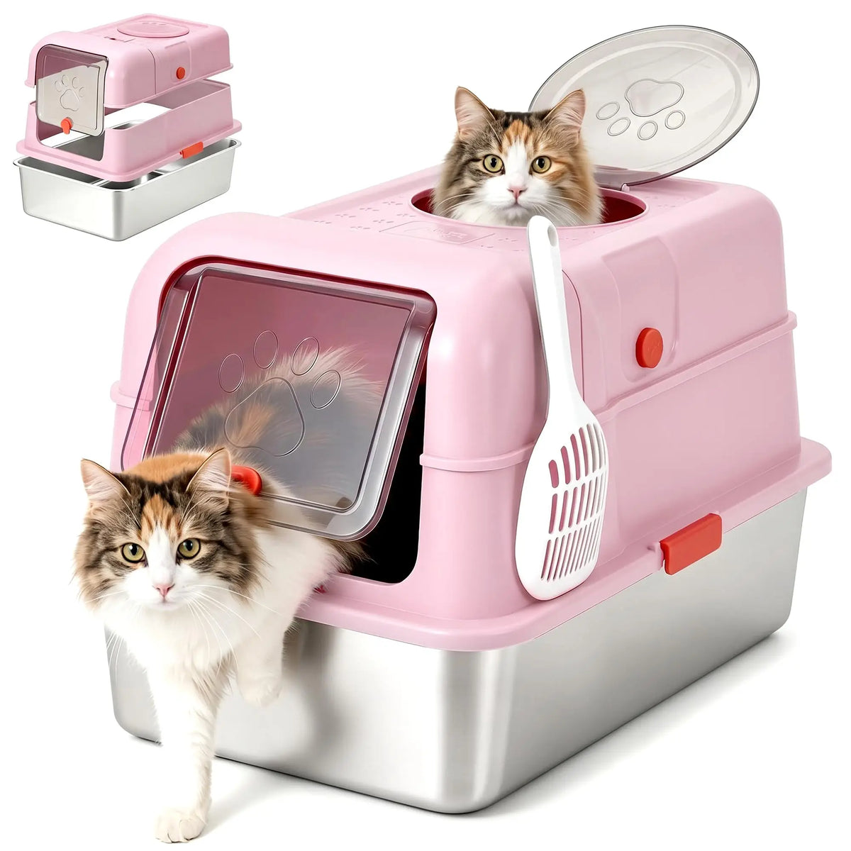 A pink stainless steel enclosed litter box for cats with a tabby kitten looking out of the opening.