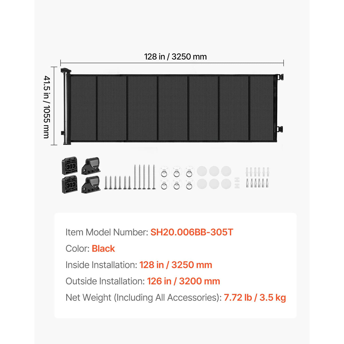 Black retractable mesh safety gate measuring 128 in by 3250 mm for indoor or outdoor use