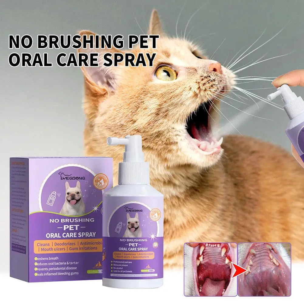 A cat is spraying a no brushing pet oral care spray bottle, demonstrating its use for bad breath and plaque removal.