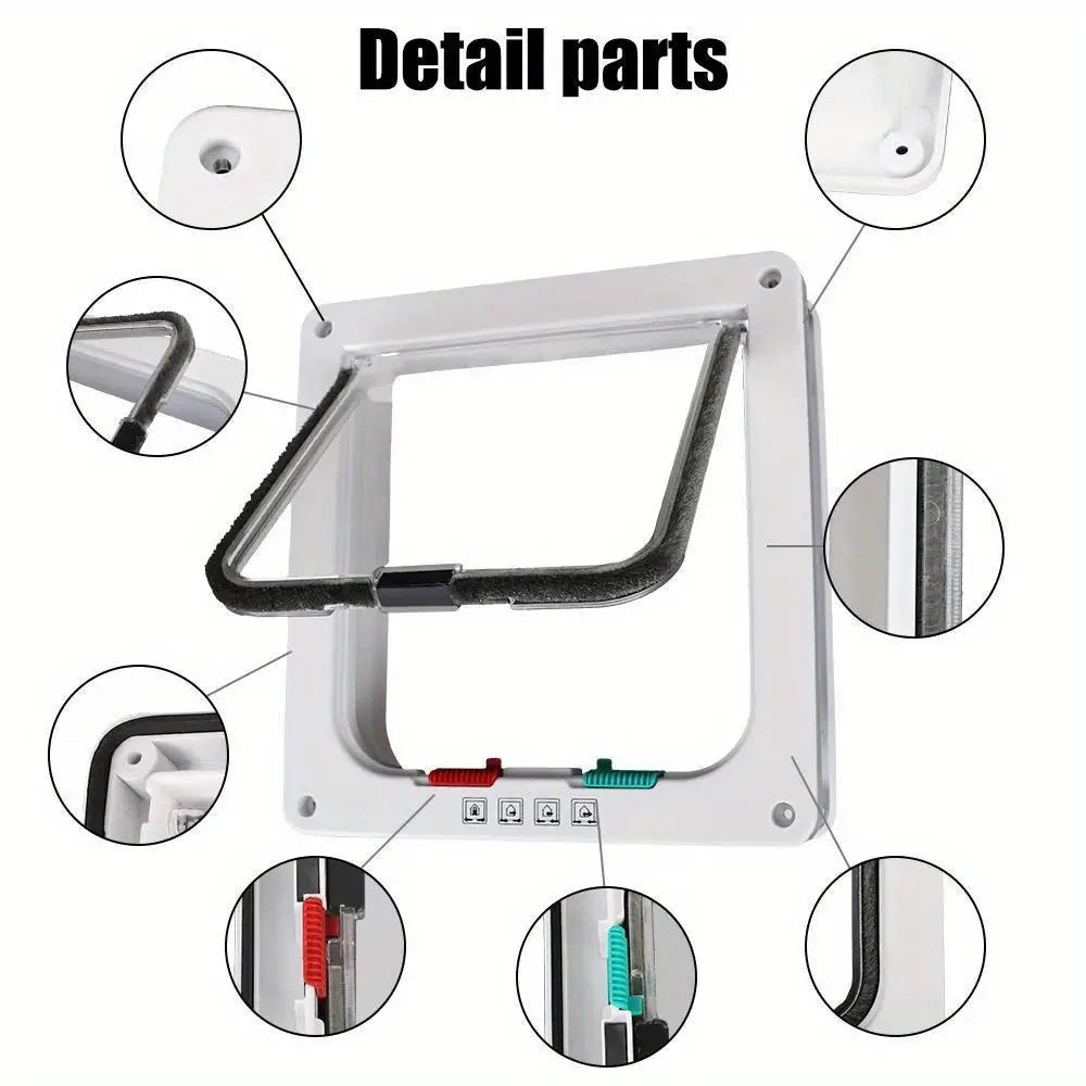 Detail parts of a white two-way pet door with a safety flap, showing various components like the frame and latch.