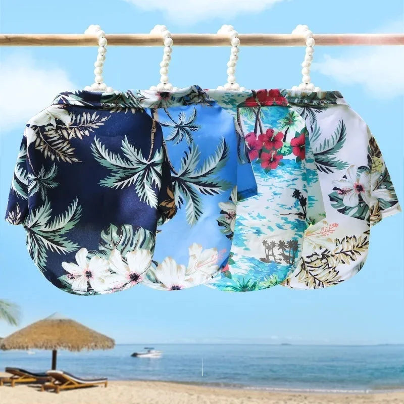 Collection de chemises de plage pour chiens à motifs floraux et tropicaux, suspendues sur une barre en bois sous un ciel bleu