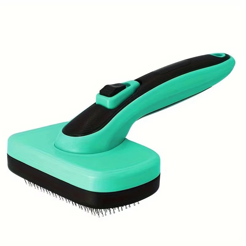 Brosse brillante bleu sarcelle avec manche noir et poils pour toilettage de chiens et chats.