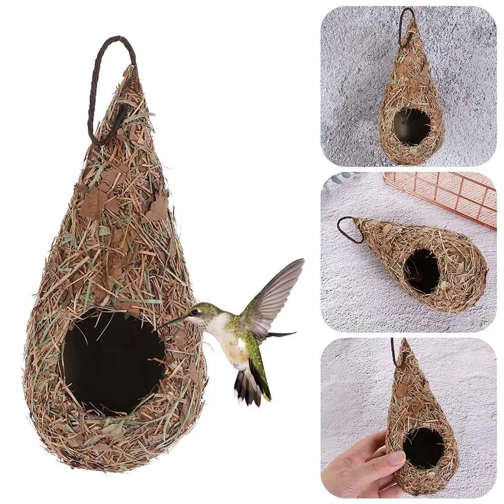 Hand-woven grass bird nest decoration shown in various views with a small bird emerging.