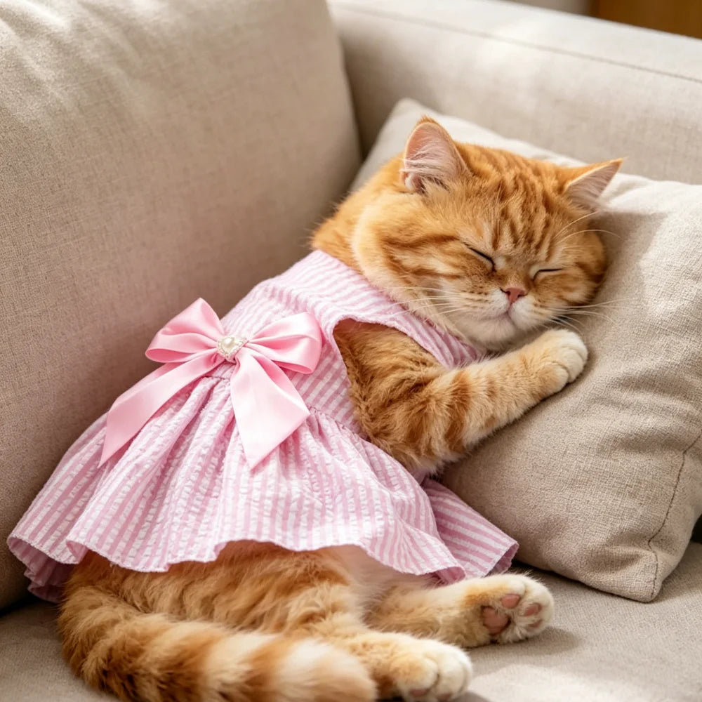 Striped Bow Pet Dress with Elastic Waistband