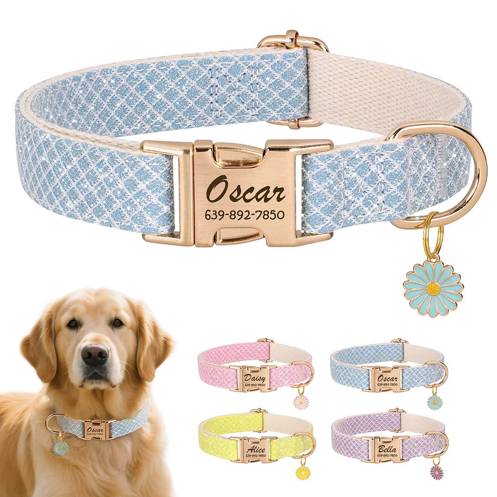 A gold-tone nylon dog collar with a light blue patterned strap and a rectangular engraved name tag featuring the name Oscar.