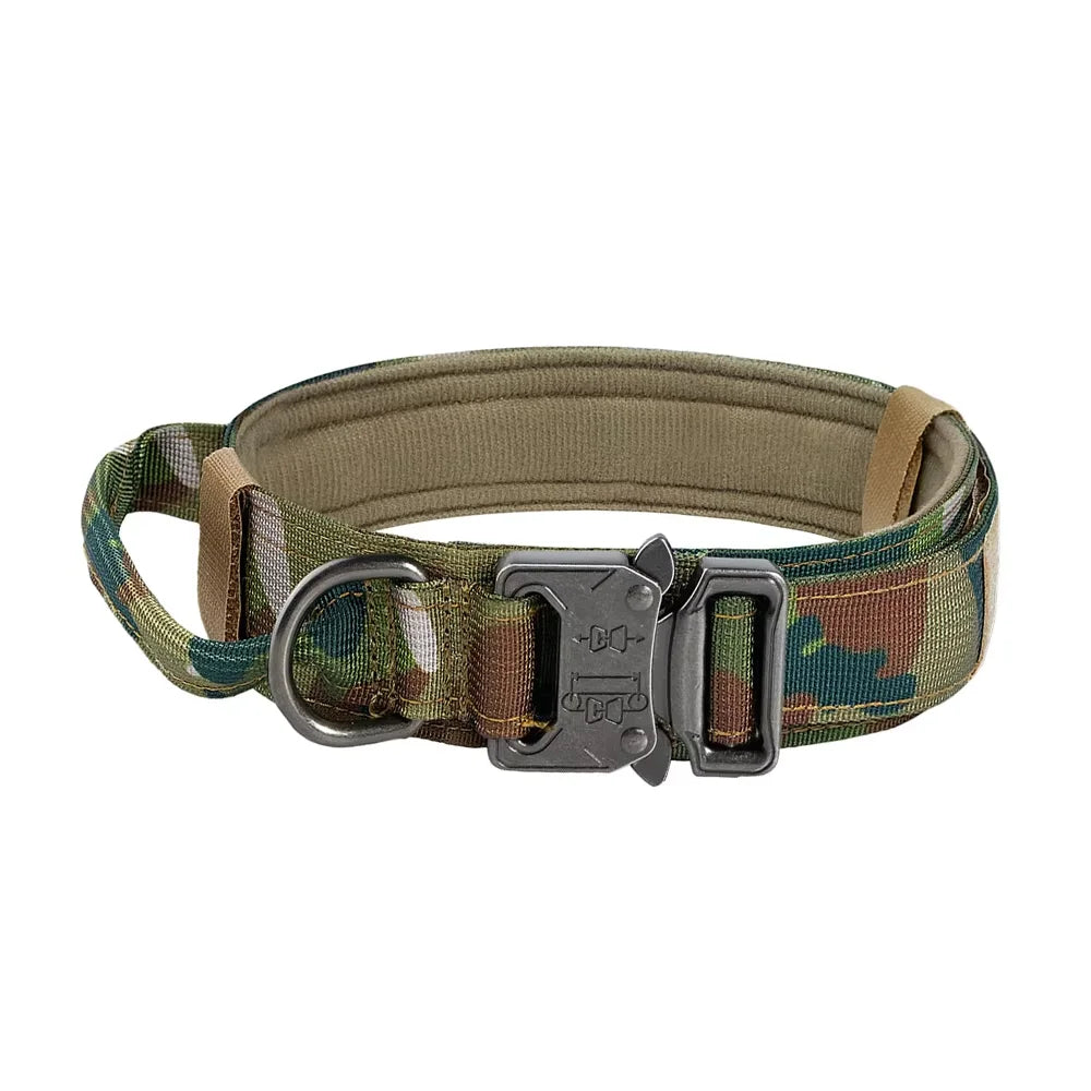 Olive green tactical dog training collar and leash set with a handle