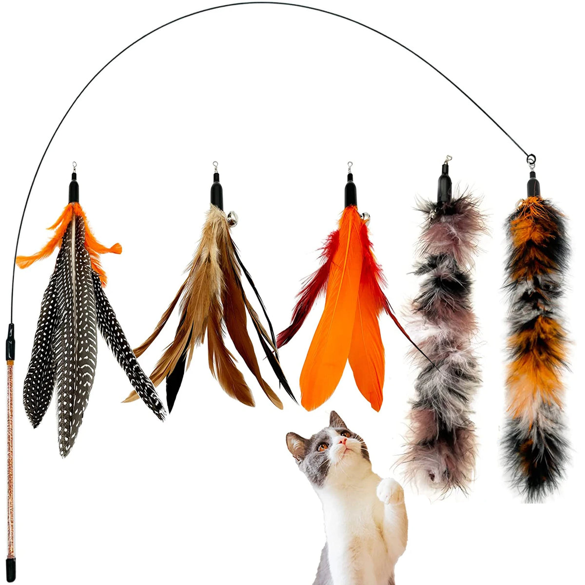 Interactive cat wand toy with feather worms refills hanging from a line