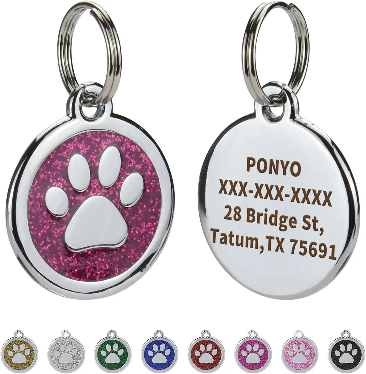 A set of personalized silver pet ID tags featuring paw prints and various colored enamel designs.