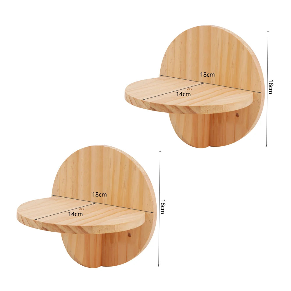 Étagère murale en forme de lune en bois clair avec hamac, montrant ses dimensions.