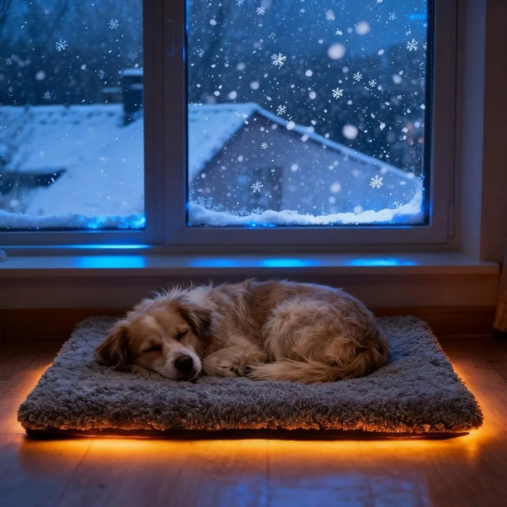 A golden retriever lies on a self-warming cat mat illuminated by warm orange light near a snowy window.