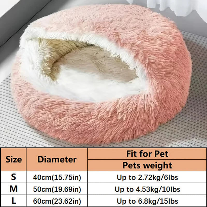 Pink fluffy pet bed nest with white lining shown in a size chart.