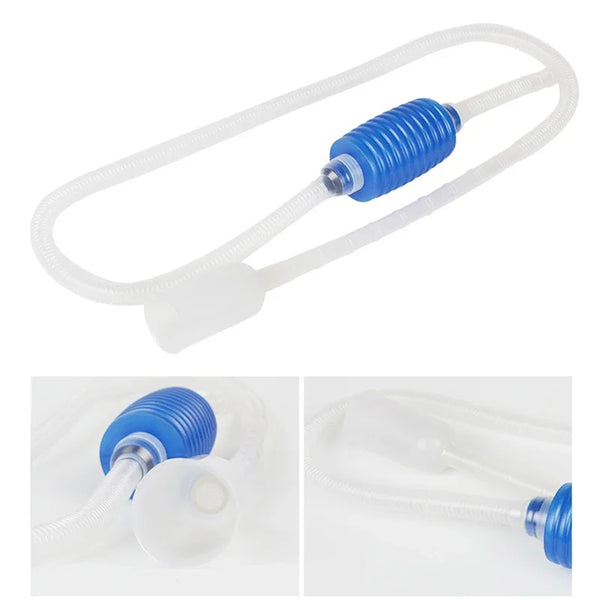 A clear silicone siphon cleaner with a blue threaded tip and tubing for aquarium water changes.