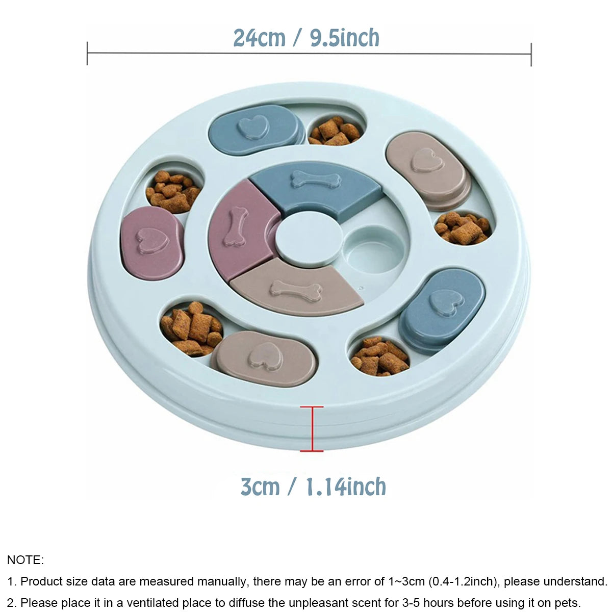A circular pet slow feeder bowl with various colored silicone inserts for dog treats and food.