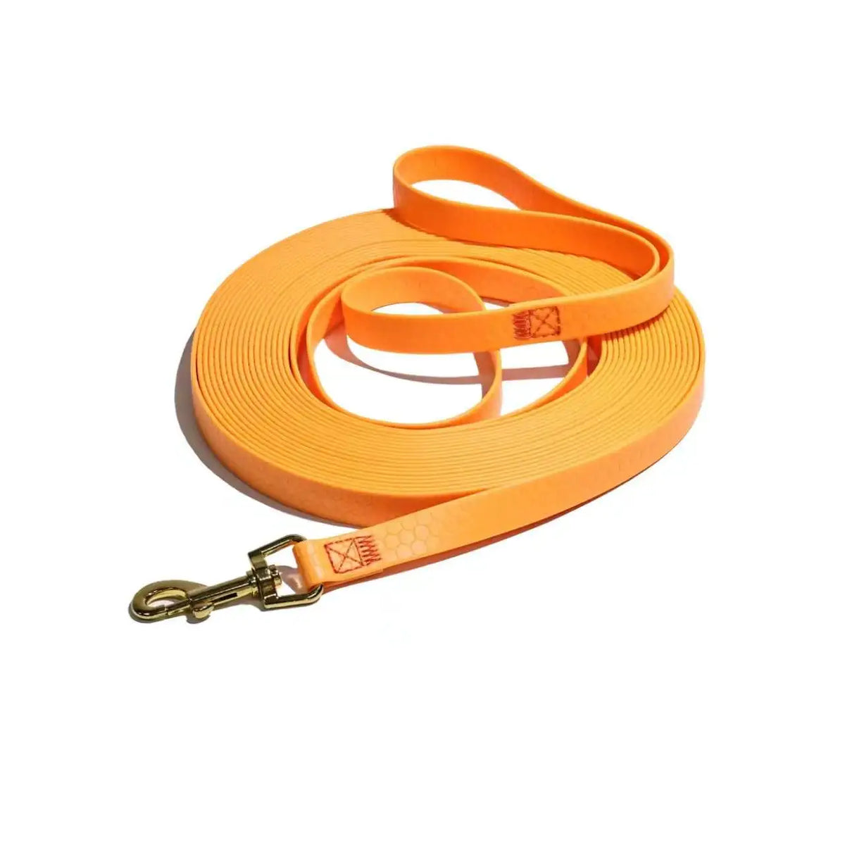 Orange durable waterproof dog leash with a rustproof metal hook rolled up.