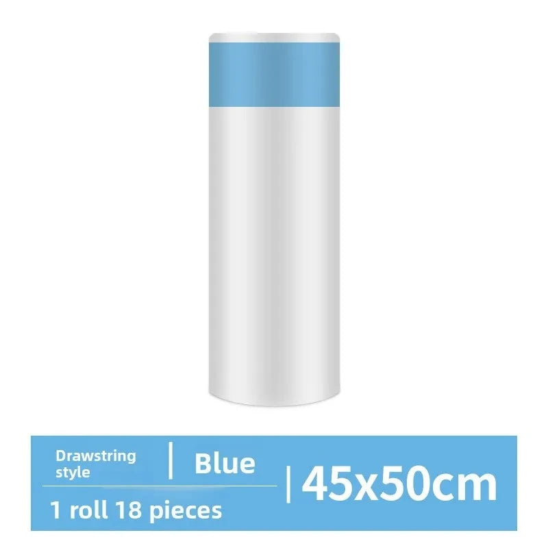 A roll of blue drawstring trash bags with handles, measuring 45x50cm.
