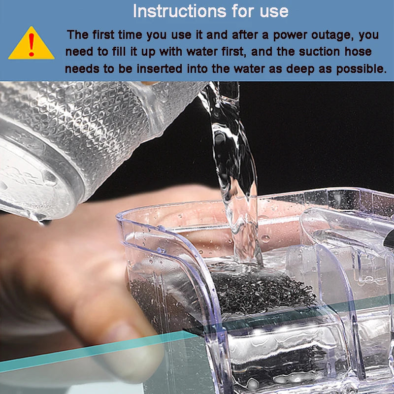 A hand is pouring water into a clear plastic aquarium filter, demonstrating instructions for use.