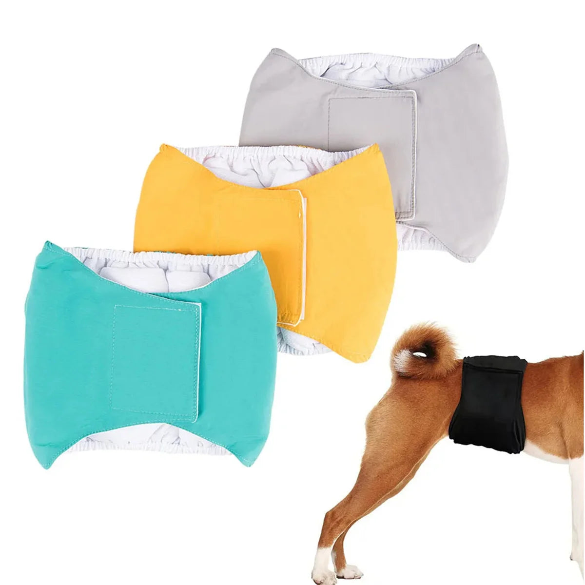 Three reusable cotton dog belly bands in gray, yellow, and teal shown next to a brown dog.
