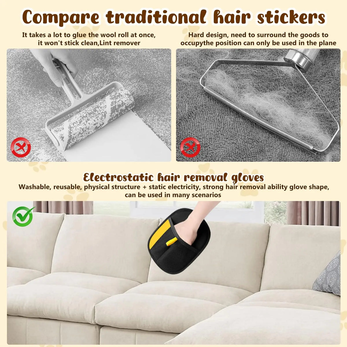 A person wearing black and yellow electrostatic hair removal gloves is shown on a sofa.