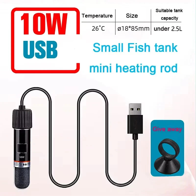 A black 10W USB mini heating rod for small fish tanks with a flexible cord and connector.
