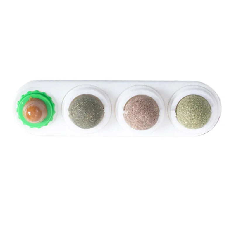 White plastic container holding four rotating catnip ball toys of different colors